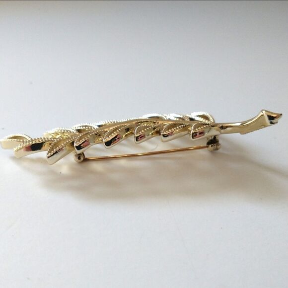Estate EMMONS Feather Brooch Pin Open Work Leaf Filigree Blonde Gold Tone MCM - Picture 9 of 16